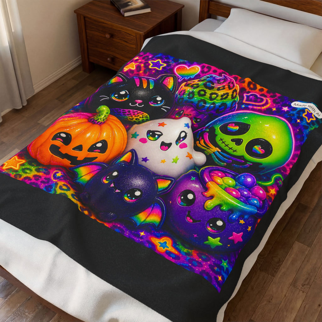 Velveteen Plush Blanket - Cute Halloween Cat, Pumpkin & Skull Design