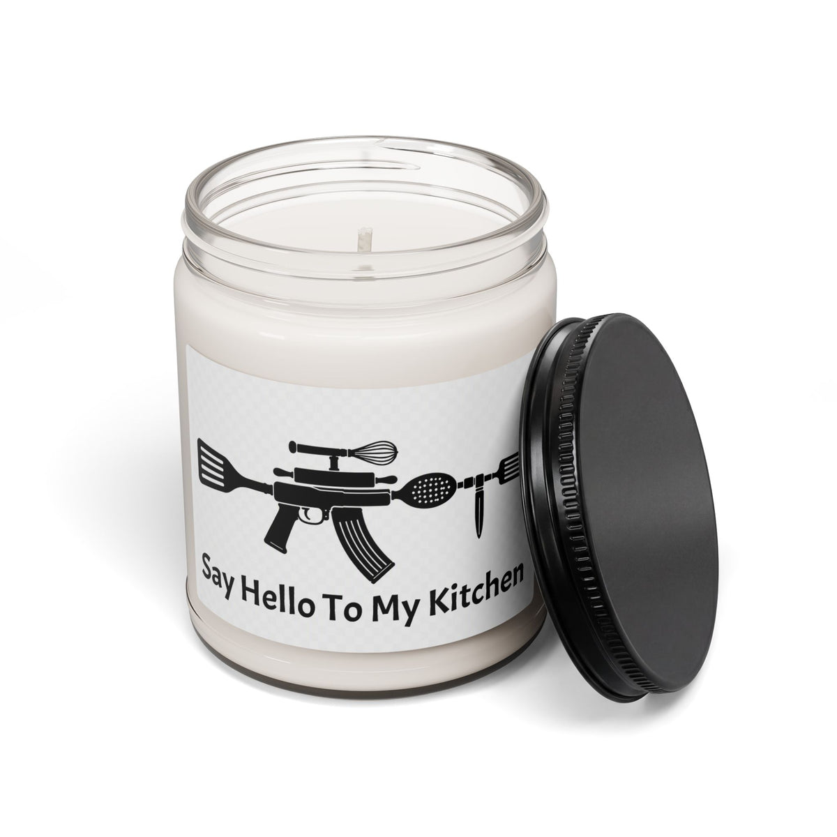 Novelty Soy Candle — “Kitchen Arsenal” Rifle Made of Utensils Graphic, 9 oz