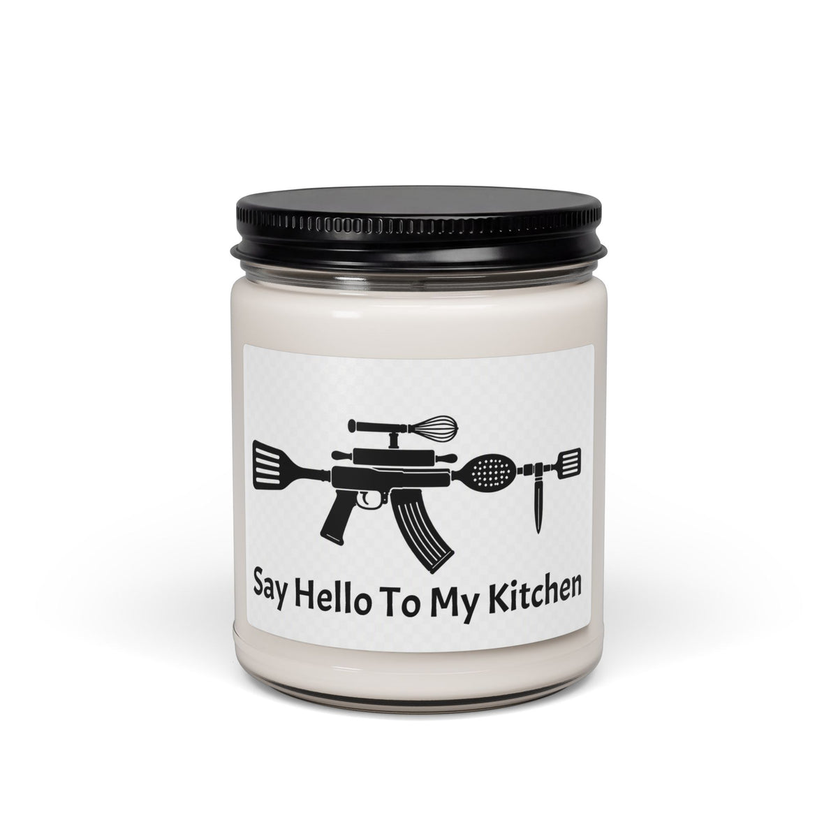 Novelty Soy Candle — “Kitchen Arsenal” Rifle Made of Utensils Graphic, 9 oz