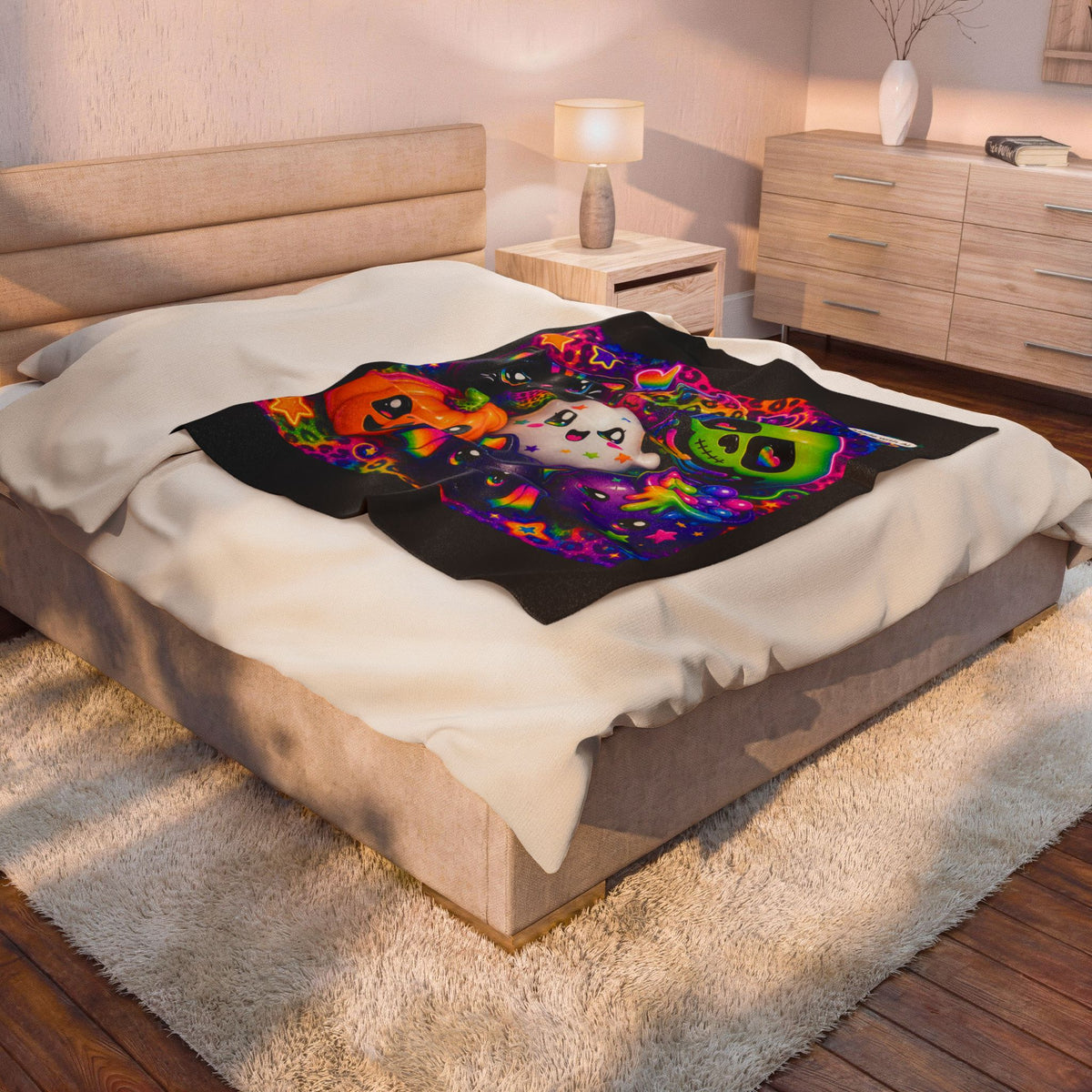 Velveteen Plush Blanket - Cute Halloween Cat, Pumpkin & Skull Design
