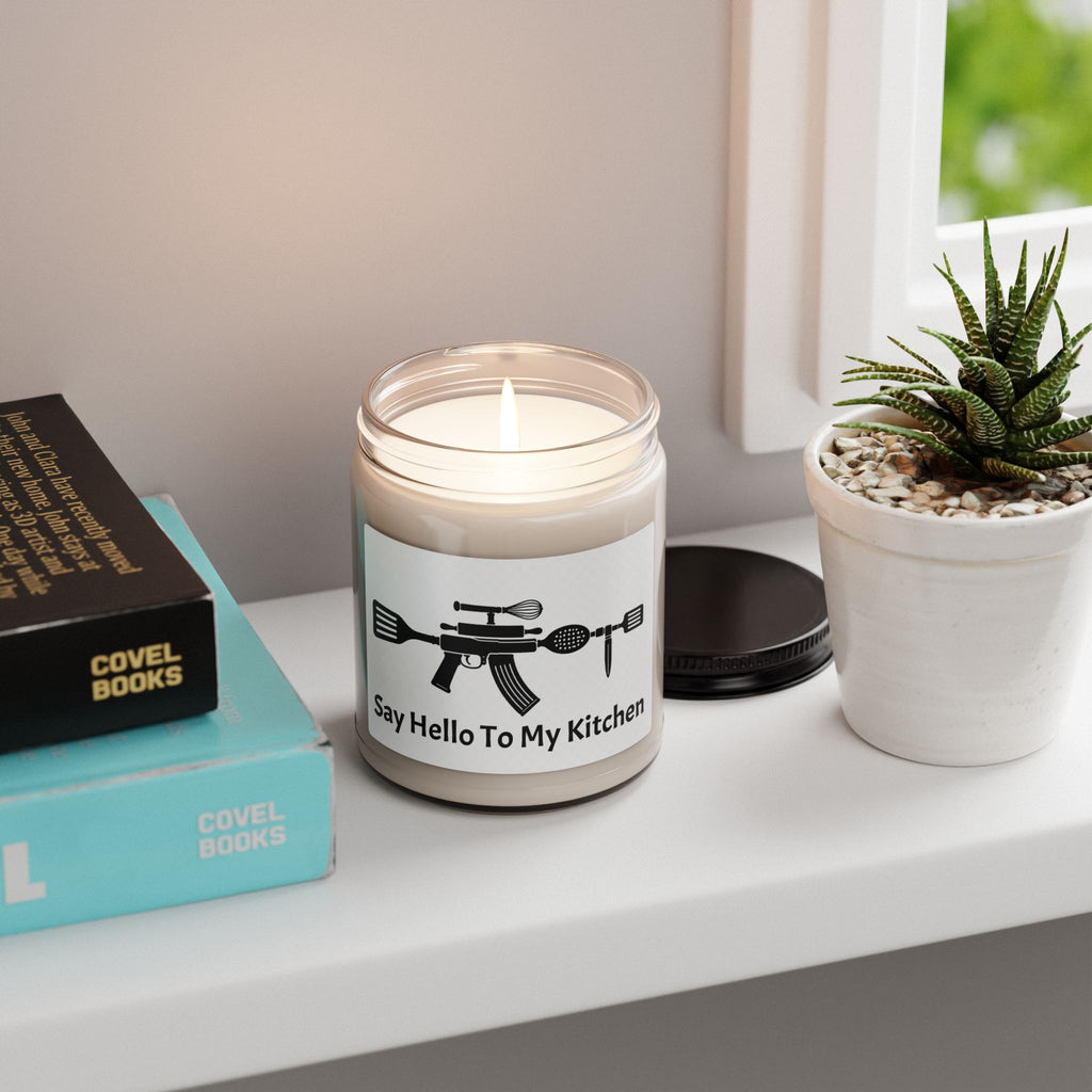 Novelty Soy Candle — “Kitchen Arsenal” Rifle Made of Utensils Graphic, 9 oz