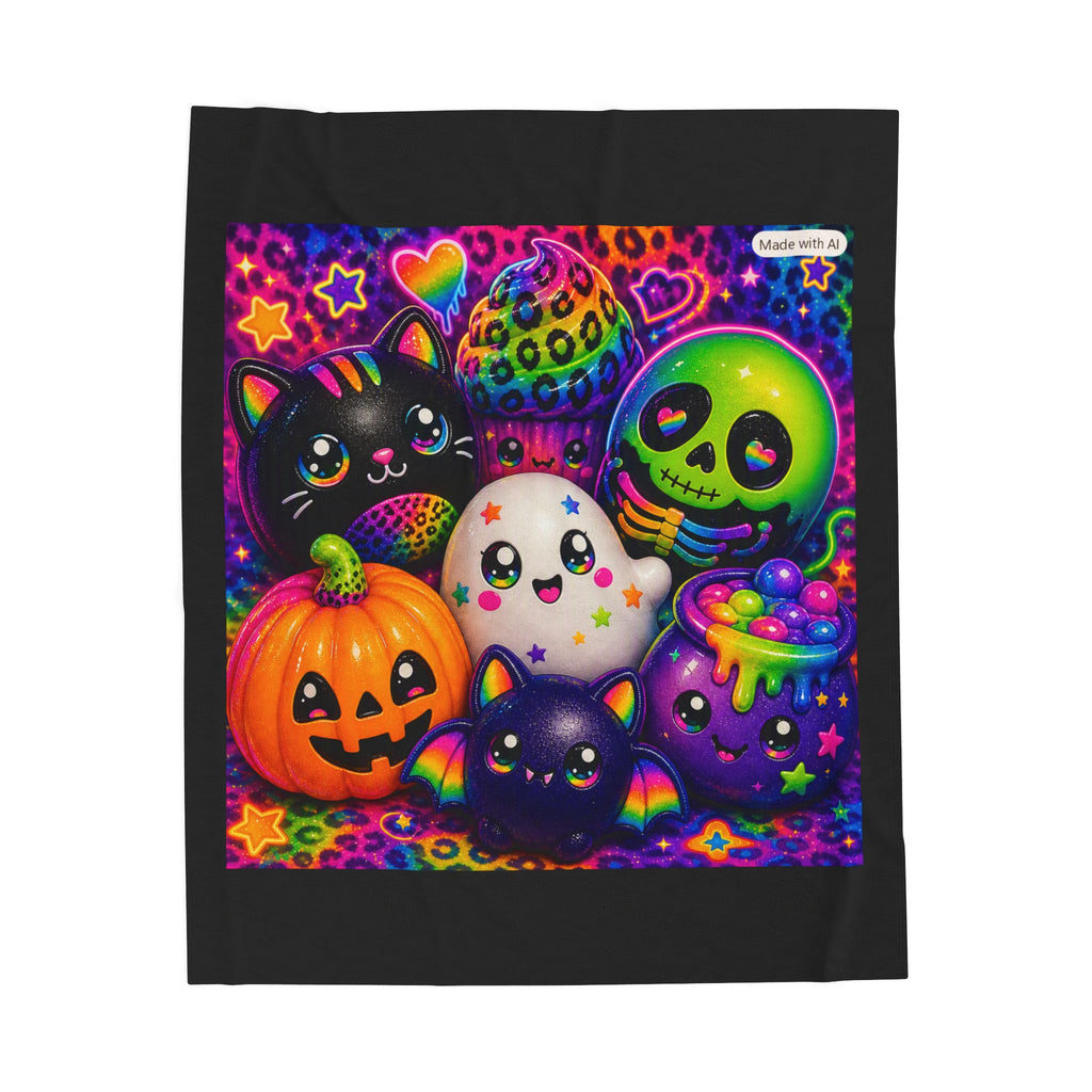 Velveteen Plush Blanket - Cute Halloween Cat, Pumpkin & Skull Design