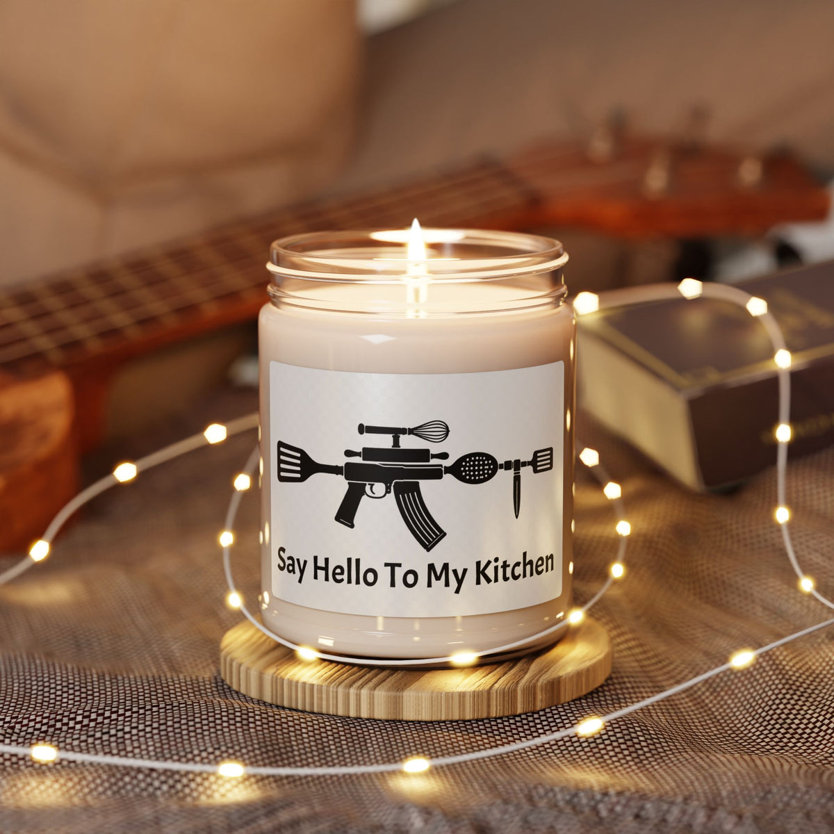 Novelty Soy Candle — “Kitchen Arsenal” Rifle Made of Utensils Graphic, 9 oz